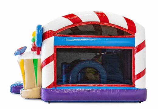 Inflatable multiplay candy bouncy castle with a slide in the middle and 3D objects for kids. Order bouncy castles online at JB Inflatables UK