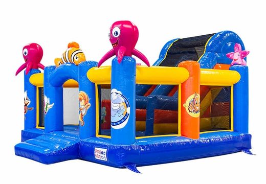 Buy large inflatable open multiplay slidebox bouncy castle with slide in theme seaworld for children. Order bouncy castles online at JB Inflatables UK
