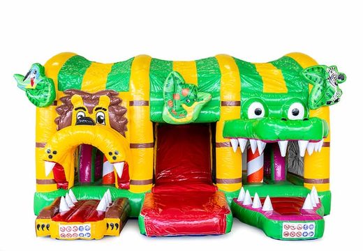 Multiplay XXL Jungleworld bouncy castle in a unique design with two entrances, a slide in the middle and 3D objects for kids. Buy bouncy castles online at JB Inflatables UK