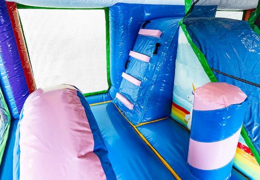 Multiplay XXL Unicorn bounce house  in a unique design, a slide and 3D objects for children. Buy bounce houses online at JB Inflatables UK