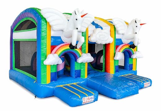 Indoor multiplay unicorn bouncy castle in a unique design with two entrances, a slide in the middle and 3D objects for kids. Buy bouncy castles online at JB Inflatables UK