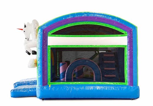 Buy a unicorn bouncy castle in a unique design with two entrances, a slide in the middle and 3D objects for kids. Order bouncy castles online at JB Inflatables UK