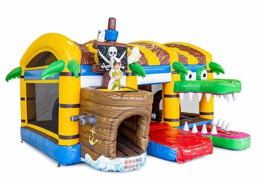 Inflatable multi-play pirate bouncy castle with a slide in the middle and 3D objects for kids. Order bouncy castles online at JB Inflatables UK