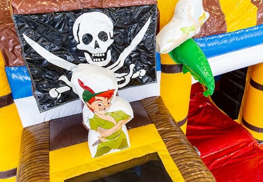 Buy pirate bouncy castle in a unique design with two entrances, a slide in the middle and 3D objects for kids. Order bouncy castles online at JB Inflatables UK