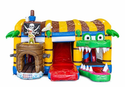 Order indoor multiplay pirate bouncy castle in a unique design with two entrances, a slide in the middle and 3D objects for kids. Buy bouncy castles online at JB Inflatables UK