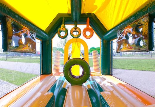 Order shooting combo jungle bounce house covered, with cannon game and slide for kids. Buy inflatable bounce houses online at JB Inflatables UK