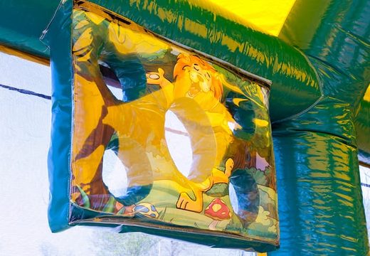 Buy shooting combo jungle bouncy castle with cover, shooting game and slide for kids. Order bouncy castles online at JB Inflatables UK
