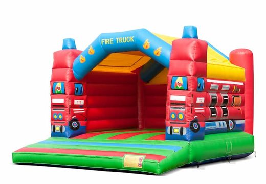 Buy a large indoor bouncy castle in a fire department theme for kids. Available at JB Inflatables UK online