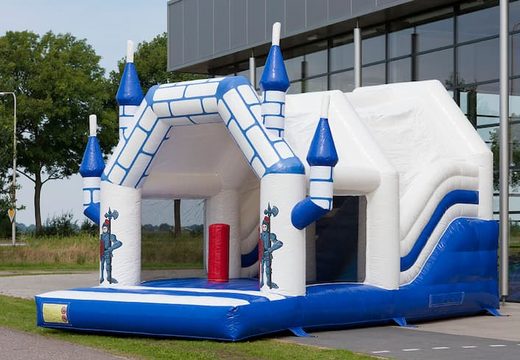 Opblaasbaar overdekt blauw wit multiplay springkasteel met glijbaan kopen in thema combo kasteel voor kinderen