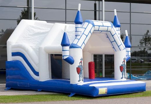 Opblaasbaar overdekt blauw wit multiplay luchtkussen met glijbaan kopen in thema combo kasteel voor kinderen
