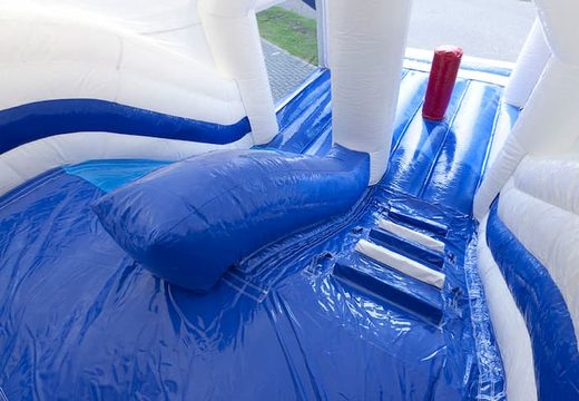 Inflatable overdekt blauw wit multiplay springkussen met glijbaan kopen in thema combo kasteel voor kinderen