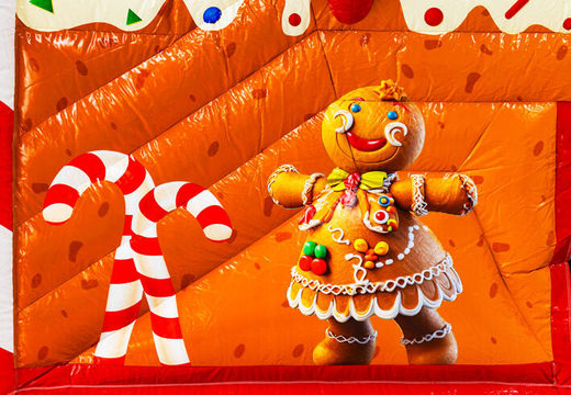 Illustration of Gingerbread character on Multiplay bouncy castle for sale at JB