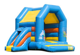 Midi multifun inflatable bounce house in for kids for sale in a color combination of yellow blue and orange in seaworld theme. Online available at JB Inflatables UK