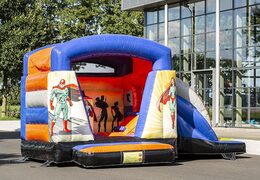 Small multifun inflatable bouncer with roof in superhero theme blue and orange for sale. Buy bouncers at JB Inflatables UK online