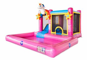 Opblaasbaar Multi Splash Bounce Unicorn springkussen met waterbadje kopen in thema unicorn eenhoorn regenboog rainbow voor kinderen bij JB Inflatables