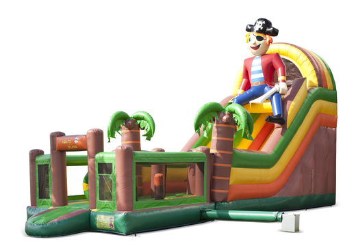Order an inflatable multifunctional slide in the pirate theme with a splash pool, impressive 3D object, fresh colors and the 3D obstacles for children. Buy inflatable slides now online at JB Inflatables UK