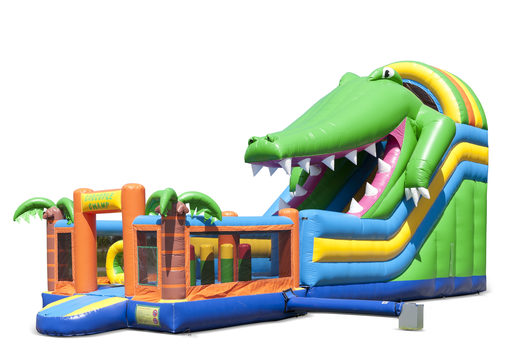 The inflatable slide in crocodile theme with a splash pool, impressive 3D object, fresh colors and the 3D obstacles for kids. Buy inflatable slides now online at JB Inflatables UK