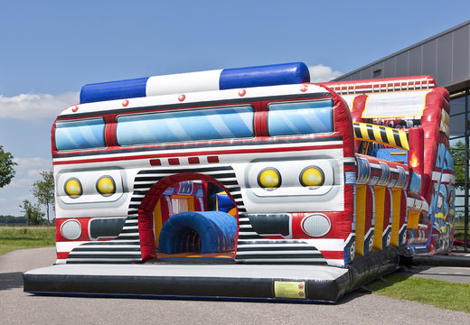 Mega inflatable slide in Fire Brigade World theme with 3D obstacles for children. Buy inflatable slides now online at JB Inflatables UK