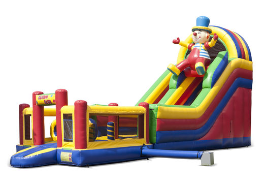 Clown themed multifunctional inflatable slide with a splash pool, impressive 3D object, fresh colors and the 3D obstacles for kids. Buy inflatable slides now online at JB Inflatables UK
