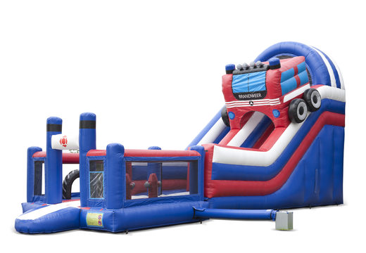Multifunctional inflatable slide in fire department theme with a splash pool, impressive 3D object, fresh colors and the 3D obstacles for children. Buy inflatable slides now online at JB Inflatables UK