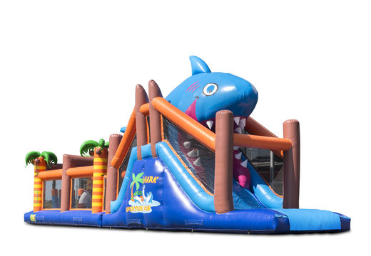 Order a 17 meter wide unique shark themed obstacle course with 7 game elements and colorful objects for children. Buy inflatable obstacle courses online now at JB Inflatables UK