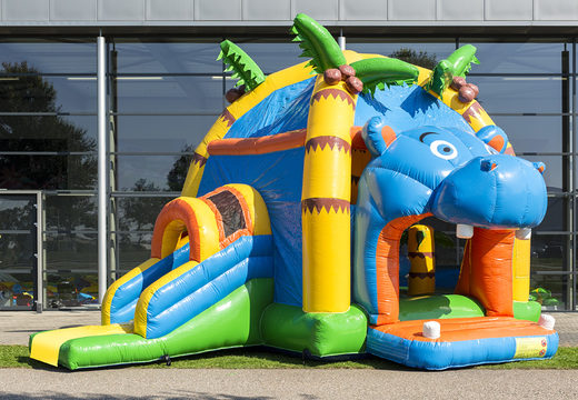 Buy covered multifun super bouncy castle with slide in hippo theme for children. Order inflatable bouncy castles online at JB Inflatables UK
