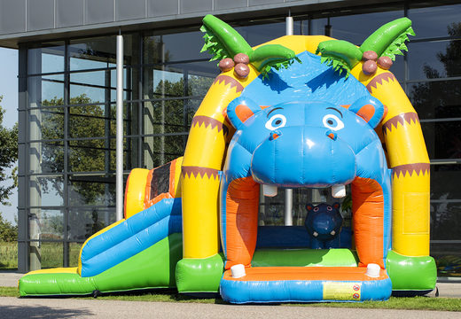 Order inflatable indoor multifun super bouncy castle with slide in hippo theme for children. Buy bouncy castles online at JB Inflatables UK