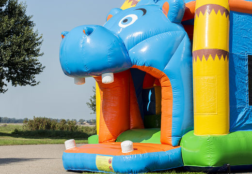 Order covered multifun super bouncy castle with slide in hippo theme for children. Buy bouncy castles online at JB Inflatables UK