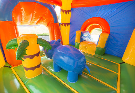 Buy an inflatable indoor multifun super bouncy castle in bright colors and fun 3D figures in a hippo theme for children. Order bouncy castle online at JB Inflatables UK