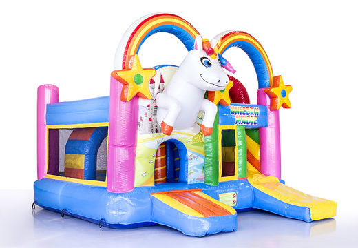Order medium inflatable multiplay bouncer in rainbow unicorn theme with slide for children. Order inflatable bouncers online at JB Inflatables UK