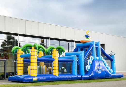 Surf run 17m obstacle course with 7 game elements and colorful objects for kids. Buy inflatable obstacle courses online now at JB Inflatables UK