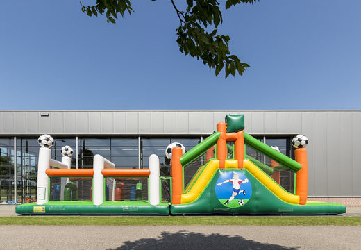 Buy inflatable unique 17 meter wide obstacle course in football theme with 7 game elements and colorful objects for children. Order inflatable obstacle courses now online at JB Inflatables UK