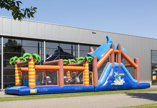 Buy a unique 17 meter wide shark themed obstacle course with 7 game elements and colorful objects for kids. Order inflatable obstacle courses now online at JB Inflatables UK