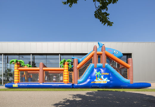 Unique shark themed obstacle course with 7 game elements and colorful objects to buy for kids. Order inflatable obstacle courses now online at JB Inflatables UK