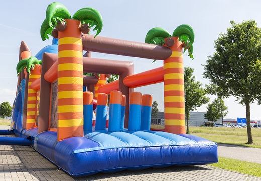 Unique 17 meter wide shark themed obstacle course with 7 game elements and colorful objects for kids. Buy inflatable obstacle courses online now at JB Inflatables UK
