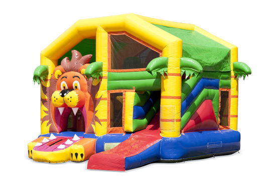 Buy an inflatable indoor multiplay bouncy castle with slide in a lion theme for children. Order inflatable bouncy castles online at JB Inflatables UK