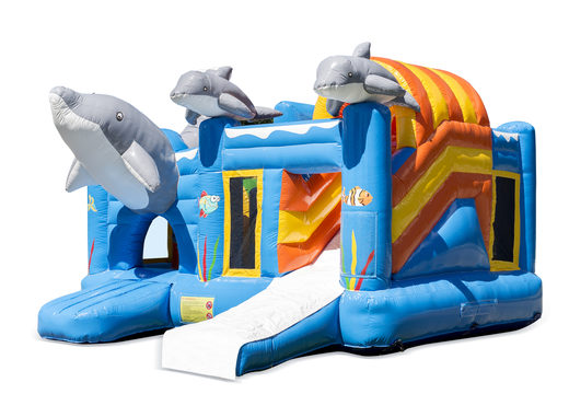 Buy inflatable open multiplay blue bouncy castle in the dolphin theme with slide for children. Order inflatable bouncy castles online at JB Inflatables UK