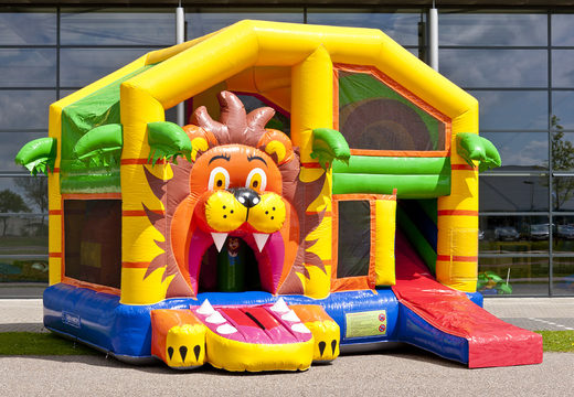 Medium inflatable multiplay bouncy castle in lion theme for children. Order inflatable bouncy castles online at JB Inflatables UK