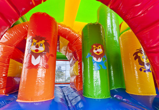 Buy medium inflatable multiplay lion themed bouncy castle with slide for kids. Order inflatable bouncy castles online at JB Inflatables UK