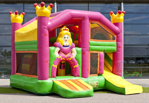 Order medium inflatable multiplay bouncy castle with slide in princess theme for children. Order inflatable bouncy castles online at JB Inflatables UK