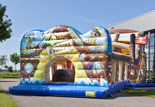 Buy an inflatable extra wide slide in the Pirates world theme with 3D obstacles for children. Order inflatable slides now online at JB Inflatables UK