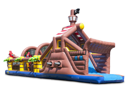 Buy a unique 17 meter wide pirate themed obstacle course with 7 game elements and colorful objects for kids. Order inflatable obstacle courses now online at JB Inflatables UK