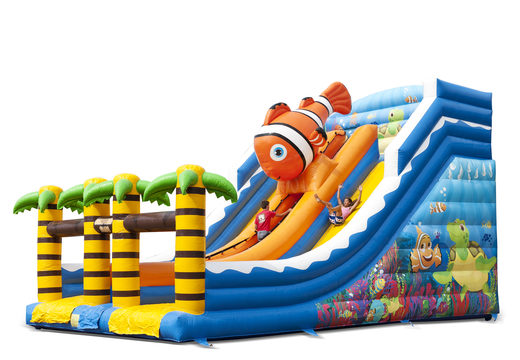 Inflatable slide with a seaworld theme with funny 3D figures and colorful prints for kids. Order inflatable slides now online at JB Inflatables UK