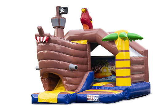 Inflatable slide combo bouncy castle in pirate theme for sale at JB Inflatables UK. Order inflatable bouncy castles with slide for kids