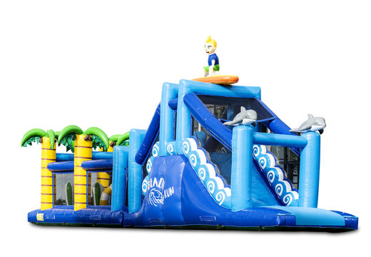 Order a 17 meter wide unique surf themed obstacle course with 7 game elements and colorful objects for children. Buy inflatable obstacle courses online now at JB Inflatables UK