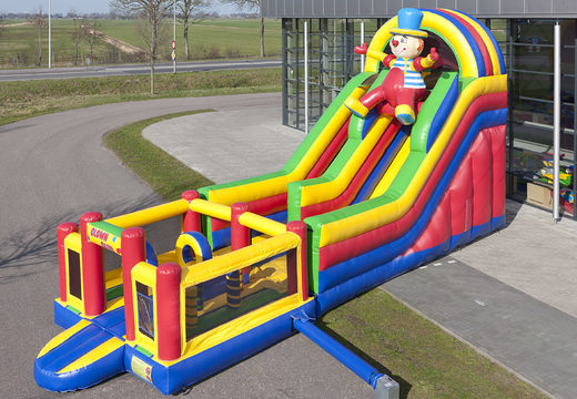 Multifunctional inflatable slide in a clown theme with a splash pool, impressive 3D object, fresh colors and the 3D obstacles for children. Buy inflatable slides now online at JB Inflatables UK