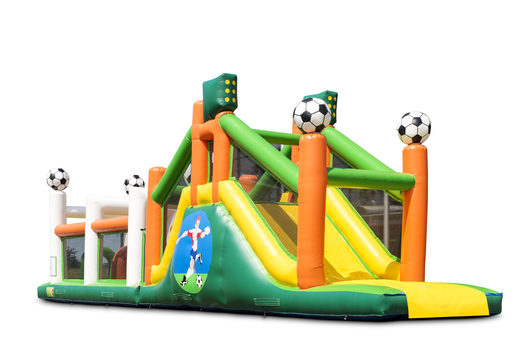 Order a 17 meter wide unique football themed obstacle course with 7 game elements and colorful objects for children. Buy inflatable obstacle courses online now at JB Inflatables UK