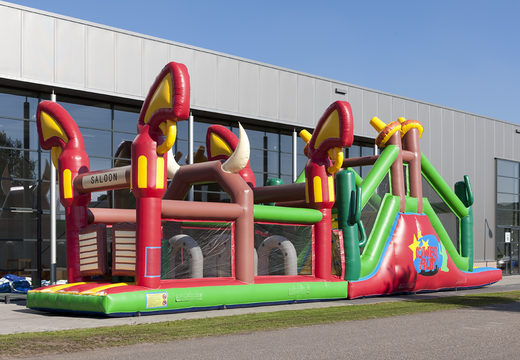 Order a 17 meter wide unique cowboy themed obstacle course for kids. Buy inflatable obstacle courses online now at JB Inflatables UK