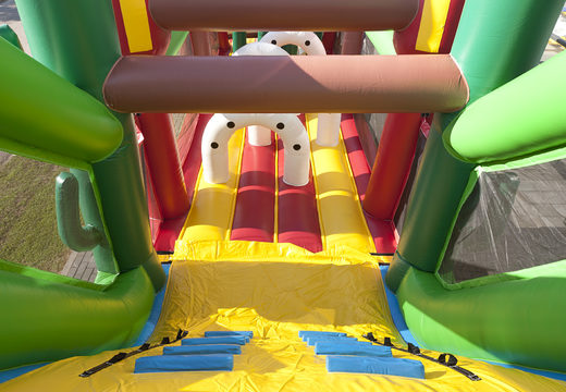 Cowboy run 17m obstacle course in cowboy theme with 7 game elements and colorful objects for kids. Buy inflatable obstacle courses online now at JB Inflatables UK