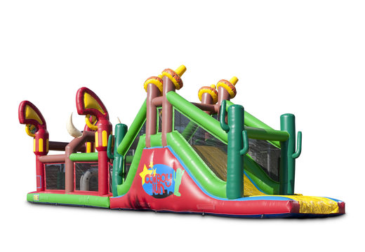 Order an inflatable unique 17 meter wide obstacle course in cowboy theme for kids. Buy inflatable obstacle courses online now at JB Inflatables UK